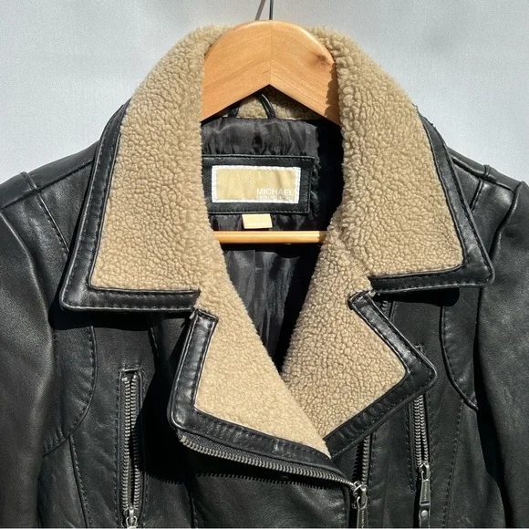 Michael Kors Jacket 100% Genuine Leather Aviator Zipped Jacket Sherpa Collar A1 - Picture 5 of 10